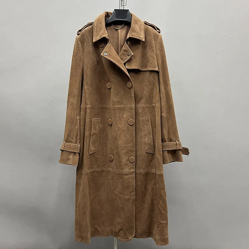 100% leather jacket with length autumn and winter office womens windproof trench coat suede coat 241024