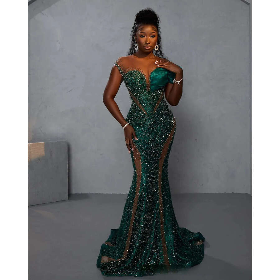 African Nigeria Plus Size Prom Black Women Illusion Sheer Neck Mermaid Short Sleeves Sequined Lace Evening Dresses Formal Dress For Birthday Girls 092