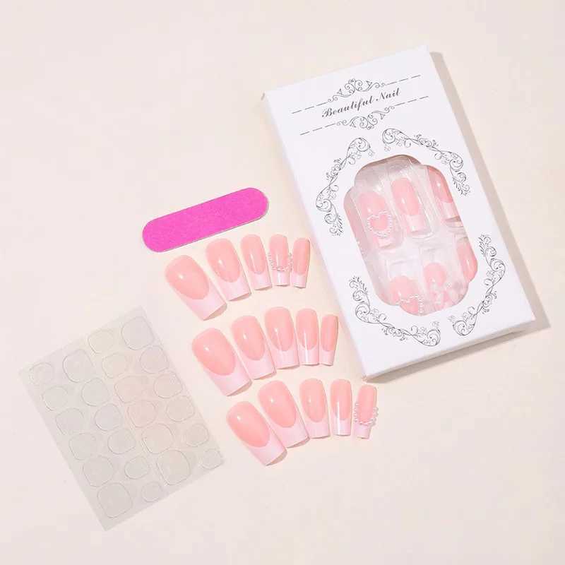 24 pieces of ballet fake nails long French press nails with rhinestones wearable coffin fake nails pink bow design handmade tips W250410
