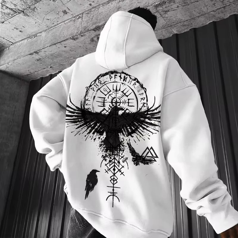 Viking Totem Printed Hoodie Cotton Fleece Mens Loose Casual Eagle Super Cool Personal Sweatshirt 241025