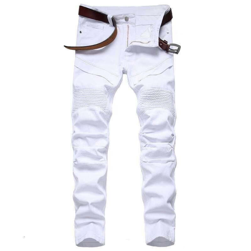 Men White Skinny Plus Size 28-42 New European American Slim Fit Fold Trend Motorcycle Biker Jeans Denim Pants (No Belt)