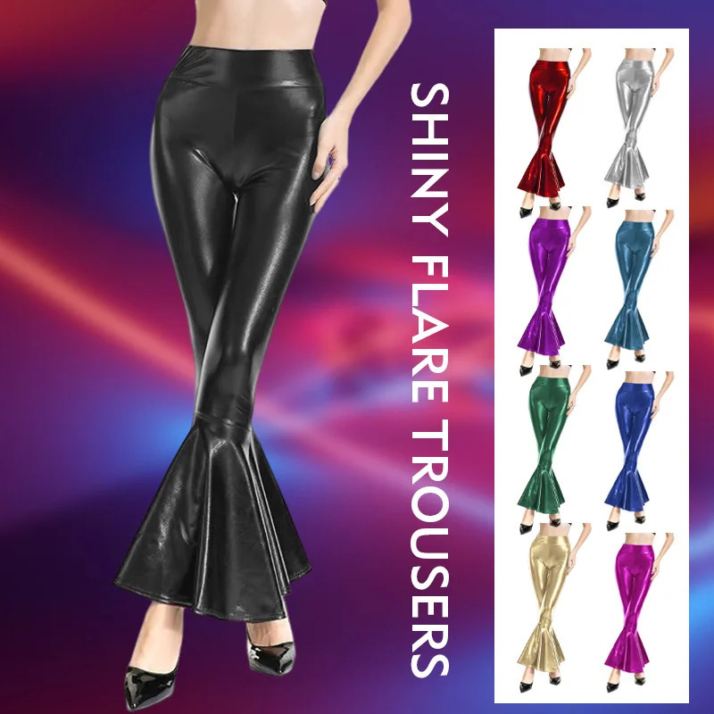 Womens shiny Flare Trouser metal pleated wide leg pants retro 70s disco hippie club clothing Bell bottom Trouser leggings 241025