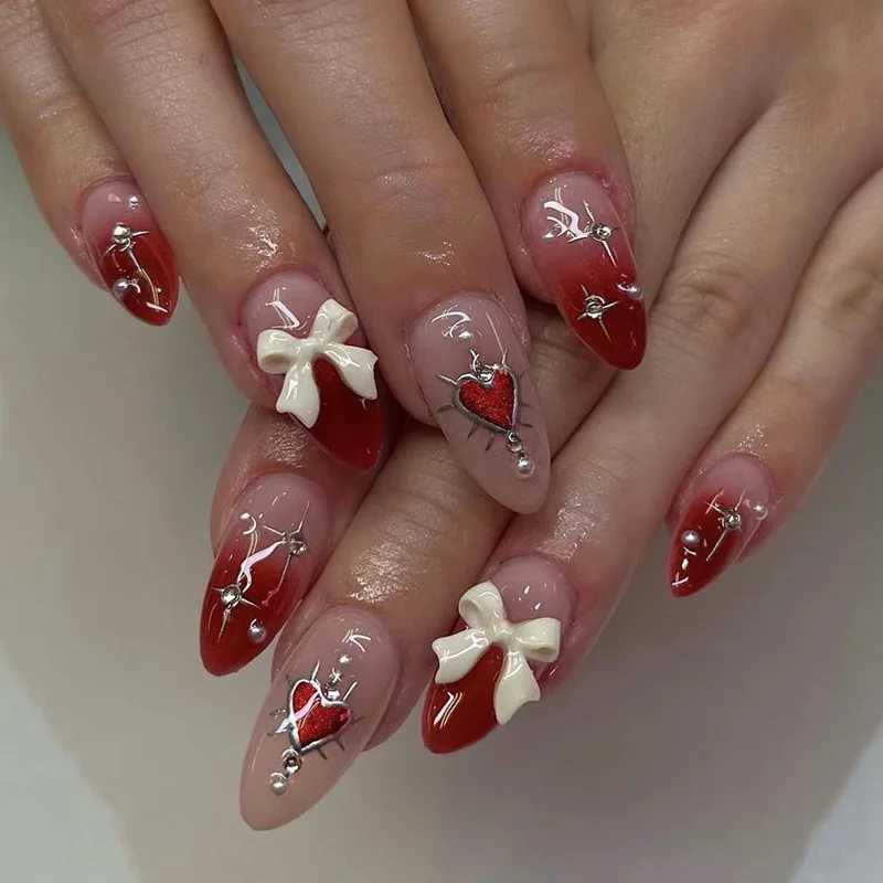 Medium length acrylic almond fake nail art cool and spicy girl wearing fake nails European and American printing detachable French nails W250410