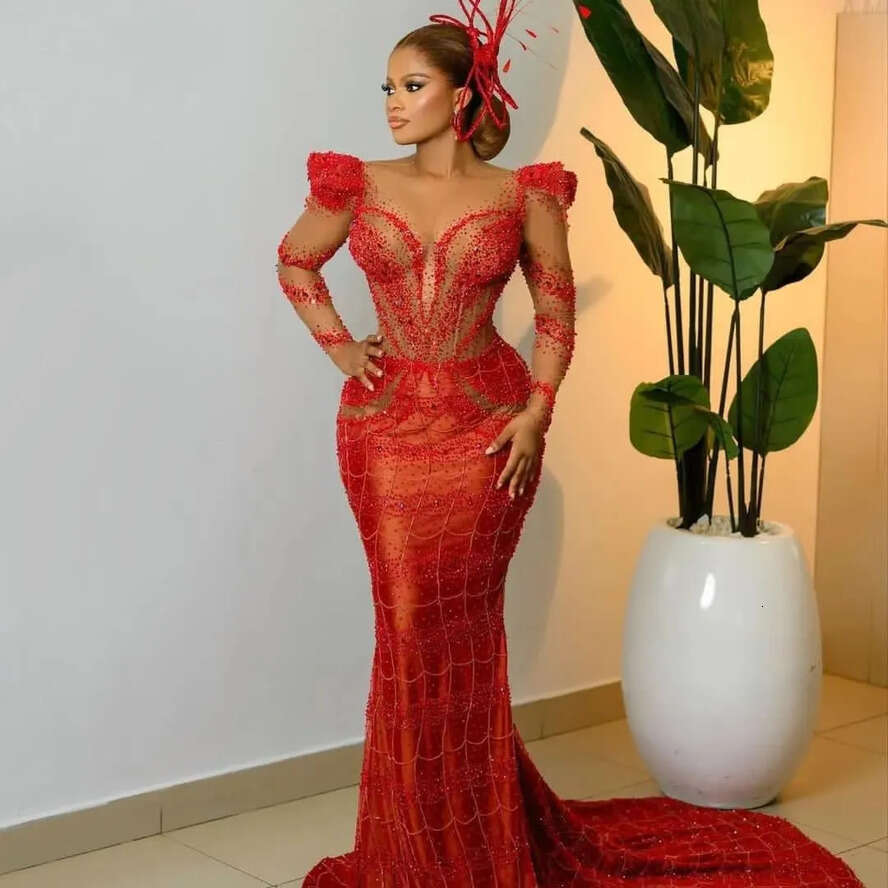 Mermaid Aso Ebi Red Prom Dress Beaded Crystals Sheer Neck Evening Formal Party Second Reception Birthday Engagement Gowns Dresses Robe De Soiree ZJ Es