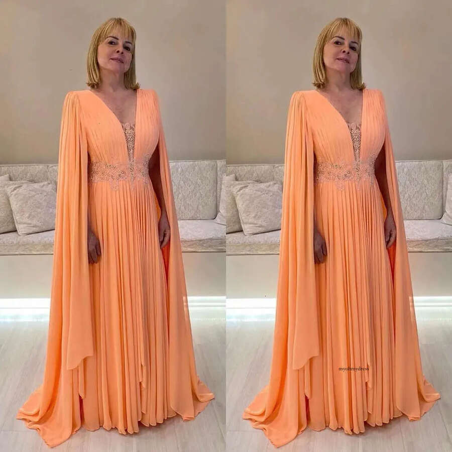 Light Orange Mother Of The Bride Dresses With Cape V Neck Wedding Guest Dress Beaded Appliqued Waist Pleats Or Length Evening Gowns 0703 6660311