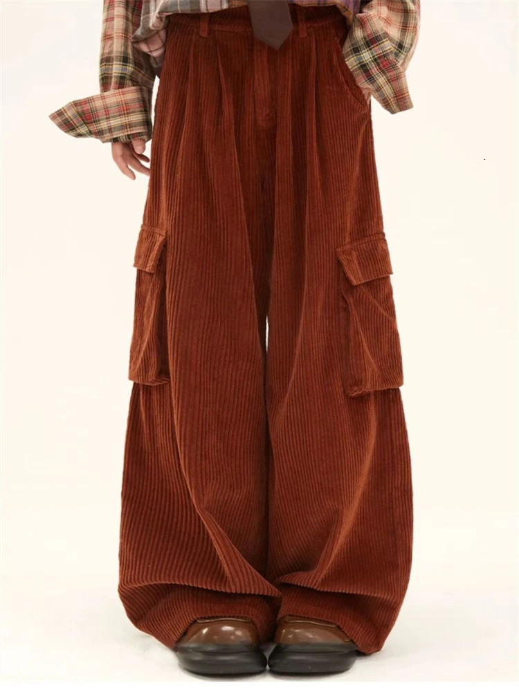 Womens Thin Corduroy Straight Pants Cool Street Fashion Autumn Street Clothing Womens High Waist Big Pocket Trouser 241025