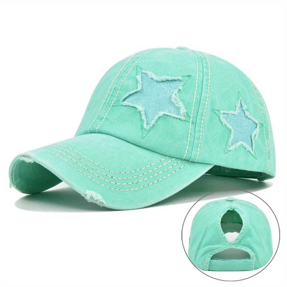 Solid color washed sand baseball cap mens ponytail hat sparkling star fashion sun hat outdoor cycling travel Hikin dad hat X2410261