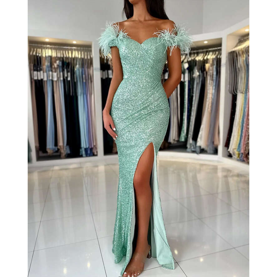 Green Glitter Mint Mermaid Prom Dress Feathers Off Shoulder Sequins Formal Evening Elegant Backless Dresses For Special Ocns Split Robe De Soiree Es