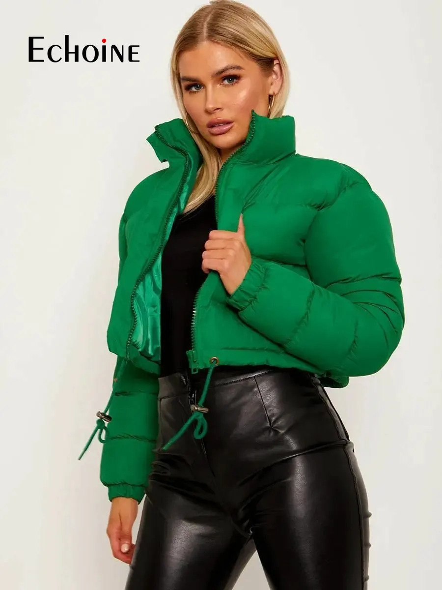 Echoine Winter Womens puffer Jackets Solid Long Sleeve Stand Collar Loose Thicken Keep Warm Zipper Short Casual Parkas Coat 241025