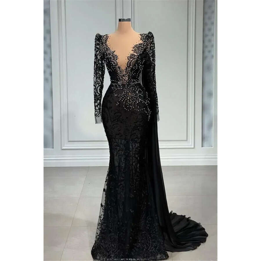 Vintage Black Lace Mermaid Evening Dresses With White Beads Sheer Deep V Neck Long Sleeve Appliques Ocn Party Gowns Prom Vestidos Bc14999 0618 0703