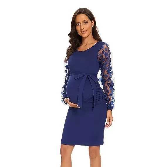 2023 new European and American patchwork long sleeved slimming round neck maternity clothing elegant maternity clothing W241026
