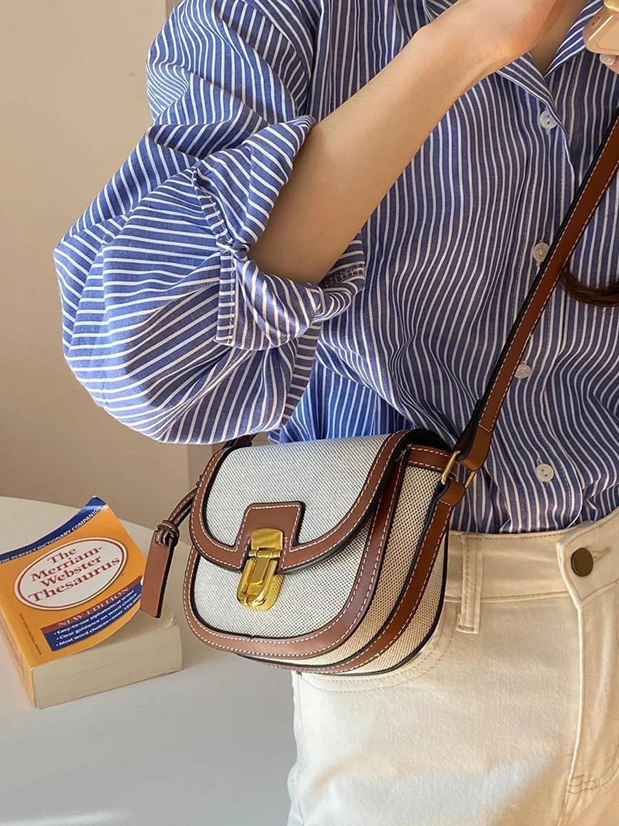 Comparison Panel Canvas Retro Single Shoulder Cross Saddle Bag Handbag 241025