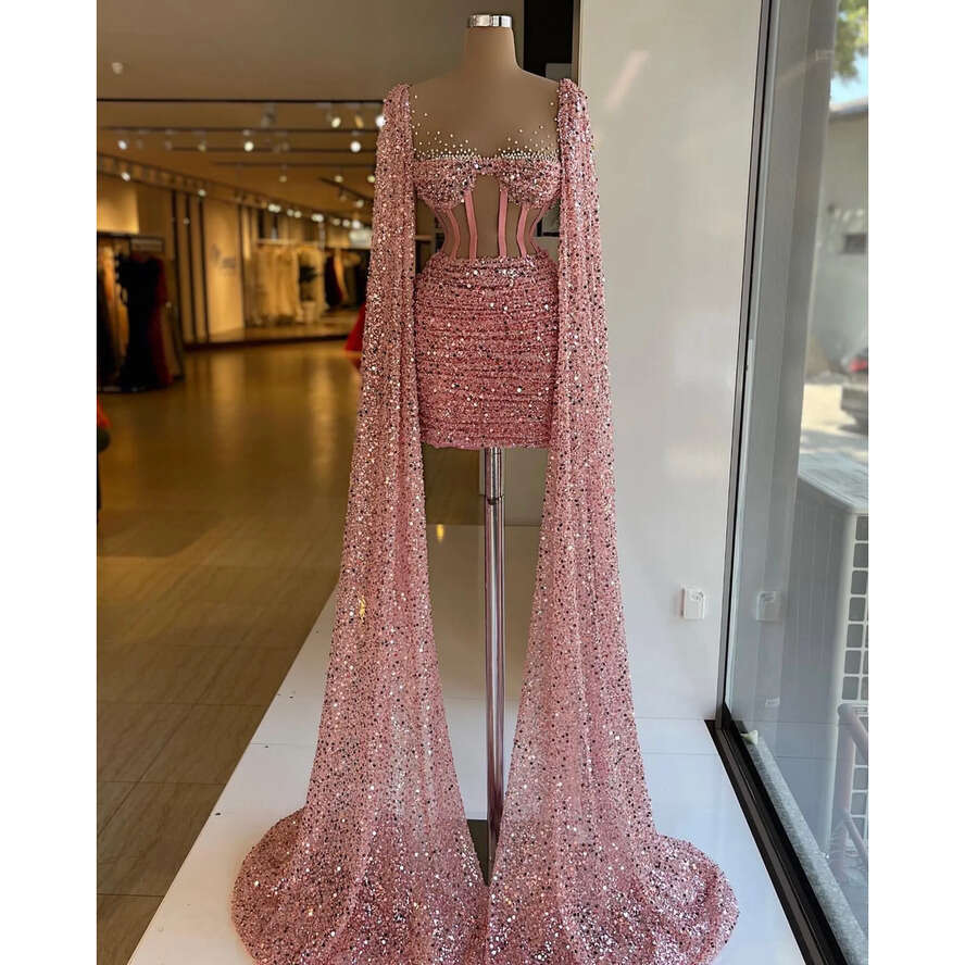 Sequins Sheath Fabulous Evening Elegant With Cape Illusion Bodice Prom Dress Pleats Beaded Formal Dresses For Women Es