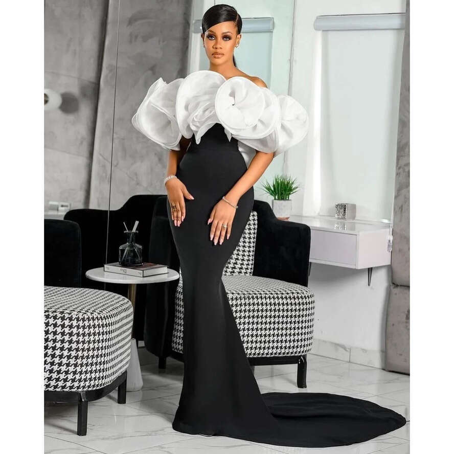 The Off Sexy Shoulder Evening Gown Elegant Black Feather Mermaid Dresses Pleated Neck Sweep Or Prom Dress Formal