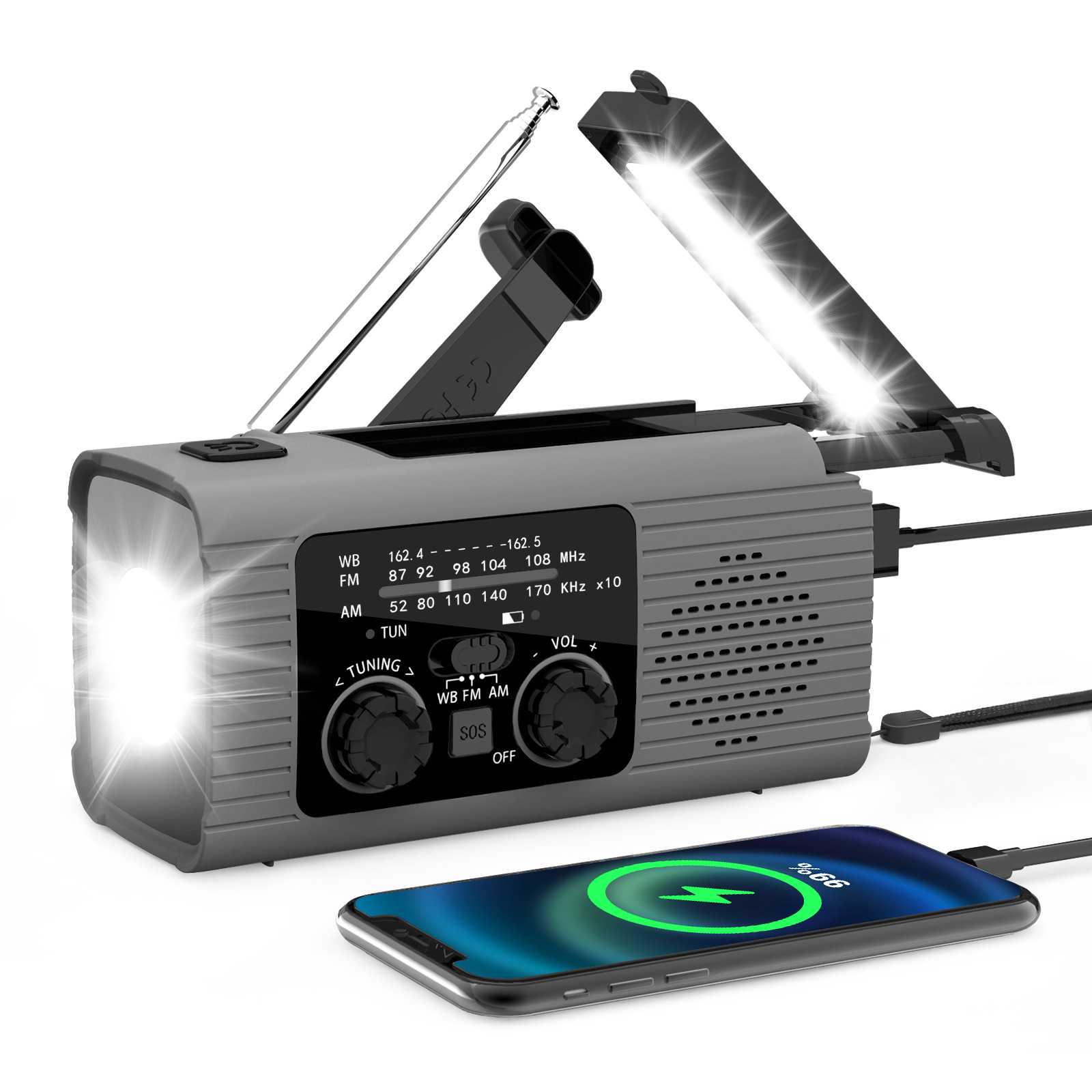 Solar rechargeable Radio with LED light Hand rechargeable emergency light Outdoor Adventure waterproof emergency light