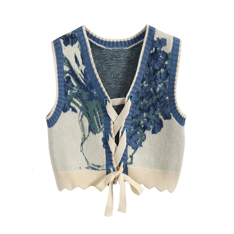Vintage Sweater Vest Harajuku Print Sleeveless Knitted Waistcoat Streetwear Korean Cropped Bandage Knitwear Tank Top 241017