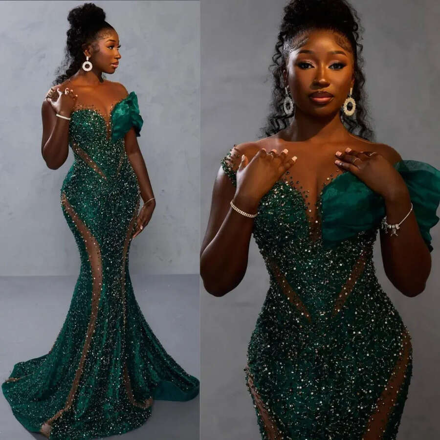 African Nigeria Plus Size Prom Black Women Illusion Sheer Neck Mermaid Short Sleeves Sequined Lace Evening Dresses Formal Dress For Birthday Girls 092