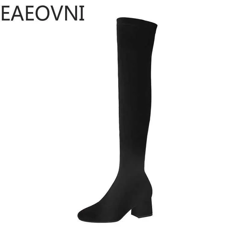 Stretch Cloth Long Women Fashion Slip On Square Heel Over The Knee High Boots Winter Shoes Ladies Elegant Mordern Booties H240709