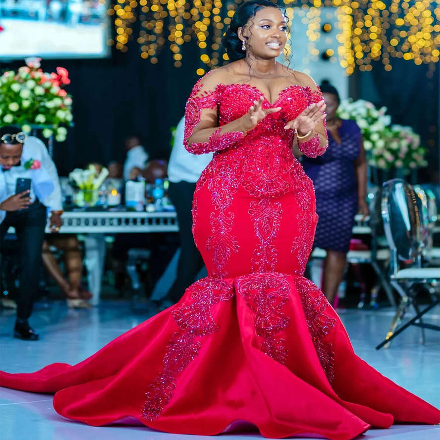 Aso Red Ebi Urious Mermaid Prom Dress Beaded Crystals Lace Evening Formal Party Second Reception Th Birthday Engagement Gowns Dresses Robe De Soiree E