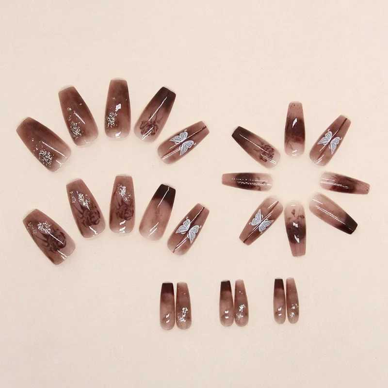 Frozen Rose Wearable Pink Pressing Fake Nail Tip with Adhesive Fake Nail Design Butterfly Cute Girl Fake Nail Wholesale W250410