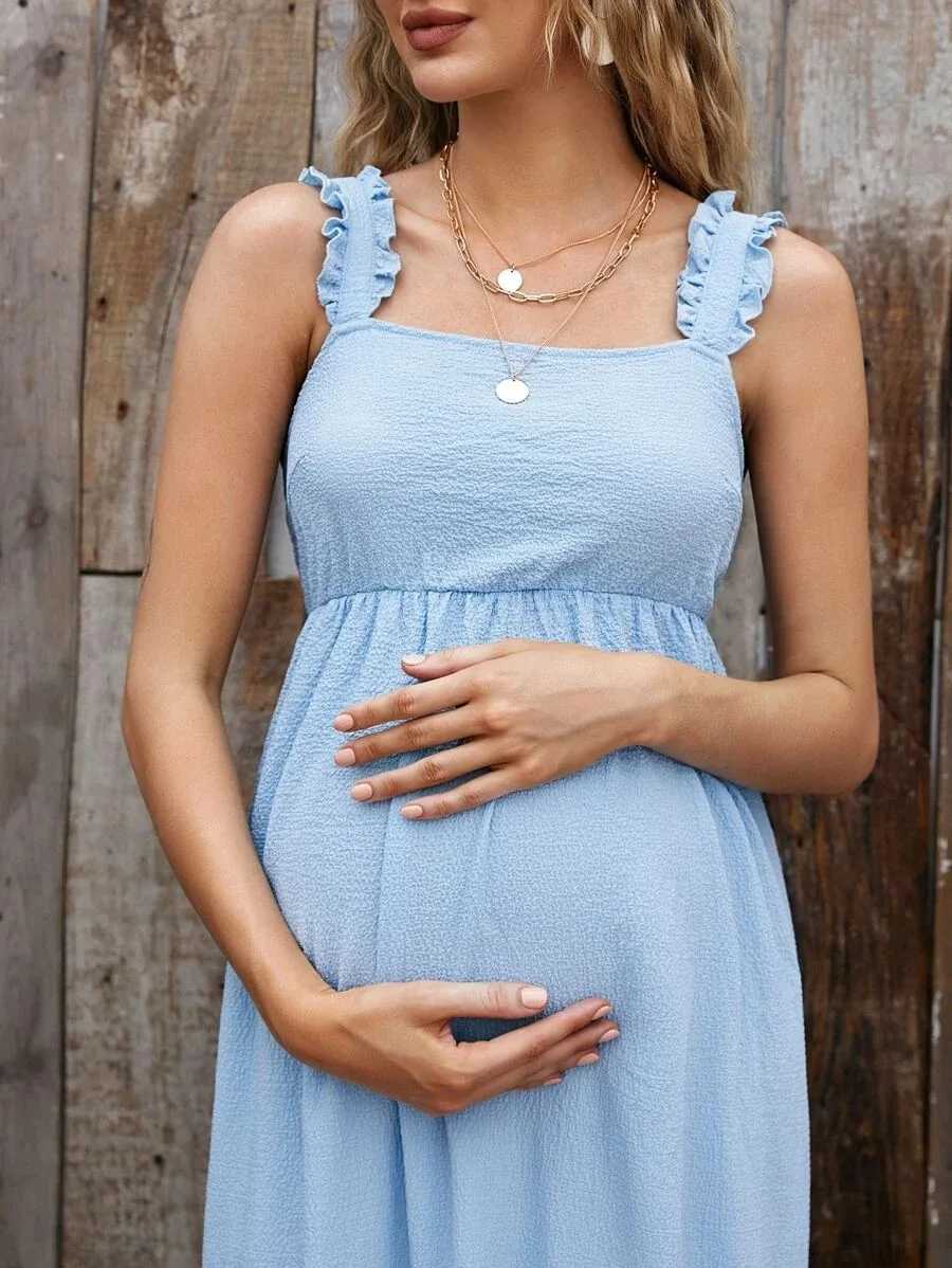 Summer New Bow Ruffle Womens Maxi Swinging Belt Dress Comfortable Solid Color Suitable for Pregnant Women Skiing W241026