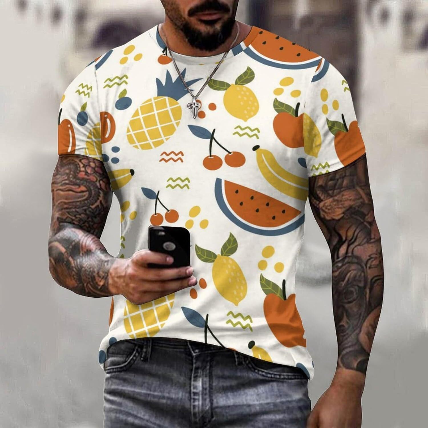Mens T shirt Pineapple Fruit Pattern Cotton 3D Printed Casual Shirt Crew Neck Casual tops summer clothes Trendy patterns cool