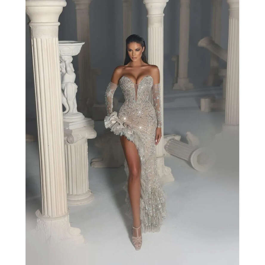 Prom Modern Mermaid Dresses Long Sleeves V Neck Appliques Sequins Beaded Or Length Zipper 3D Lace Side Slit Evening Dress Bridal Gowns Plus Size Custo