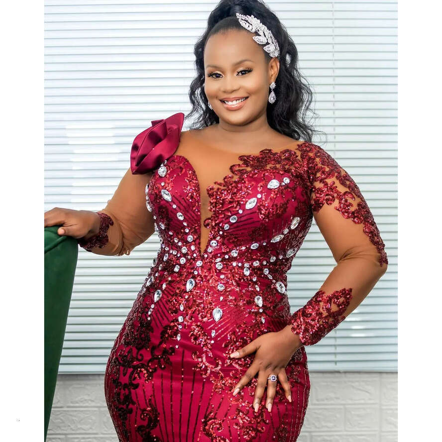 Arabic Plus Size Aso Ebi Bury Urious Mermaid Prom Dresses Crystals Sheer Neck Evening Formal Party Second Reception Birthday Engagement Gowns Dress