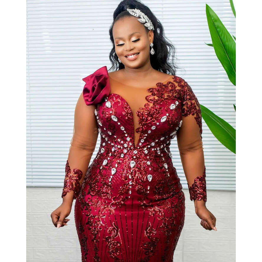 Arabic Plus Size Aso Ebi Bury Urious Mermaid Prom Dresses Crystals Sheer Neck Evening Formal Party Second Reception Birthday Engagement Gowns Dress