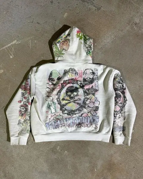 Y2K Graffiti Style Zipper Hoodie Mens Harajuku Retro Printed White Sports Shirt looped Cotton Casual Clothing 241025 - view 4