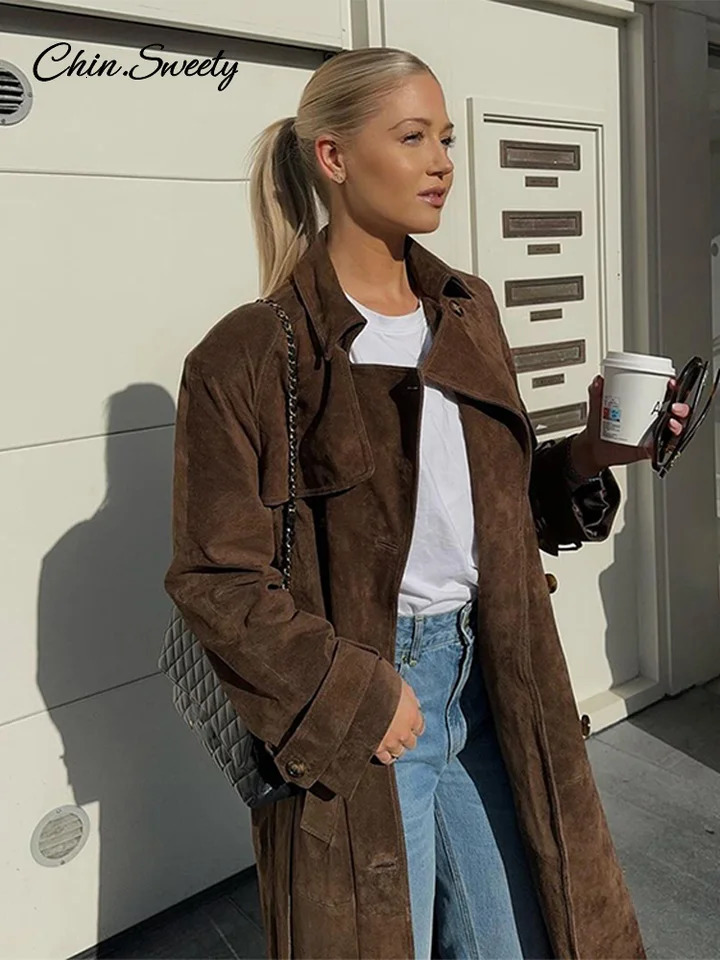Elegant suede long trench coat womens waistband double chest full sleeves brown windproof machine autumn womens street coat 241024