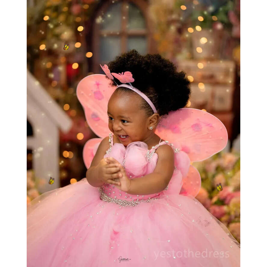 Girls 2024 Pink Wer Communion Gowns Spaghetti Straps Rhies Princess Queen Birthday Party Dress For Cute Little Girl F126