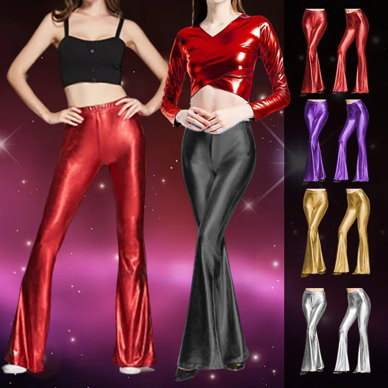 Womens shiny Flare Trouser metal pleated wide leg pants retro 70s disco hippie club clothing Bell bottom Trouser leggings 241025