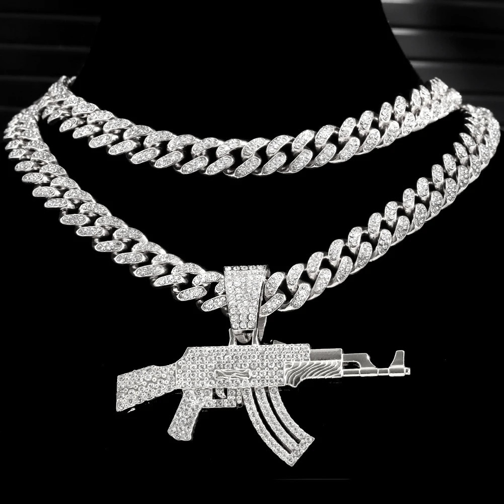 Hip Hop Mens AK47 Submachine Gun Pendant Necklace Gold Silver Ice Crystal Cuban Chain Necklace Jewelry 241025