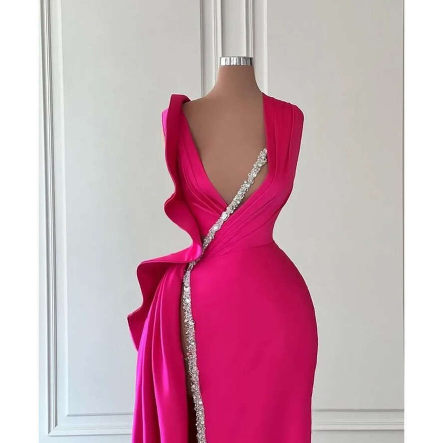 Fuschia Plus Size A E Evening Dresses For Black Women Deep V Neck Beads Pleats Draped High Side Split Form Ocns Pageant Birthday Party Prom Gowns M Ve