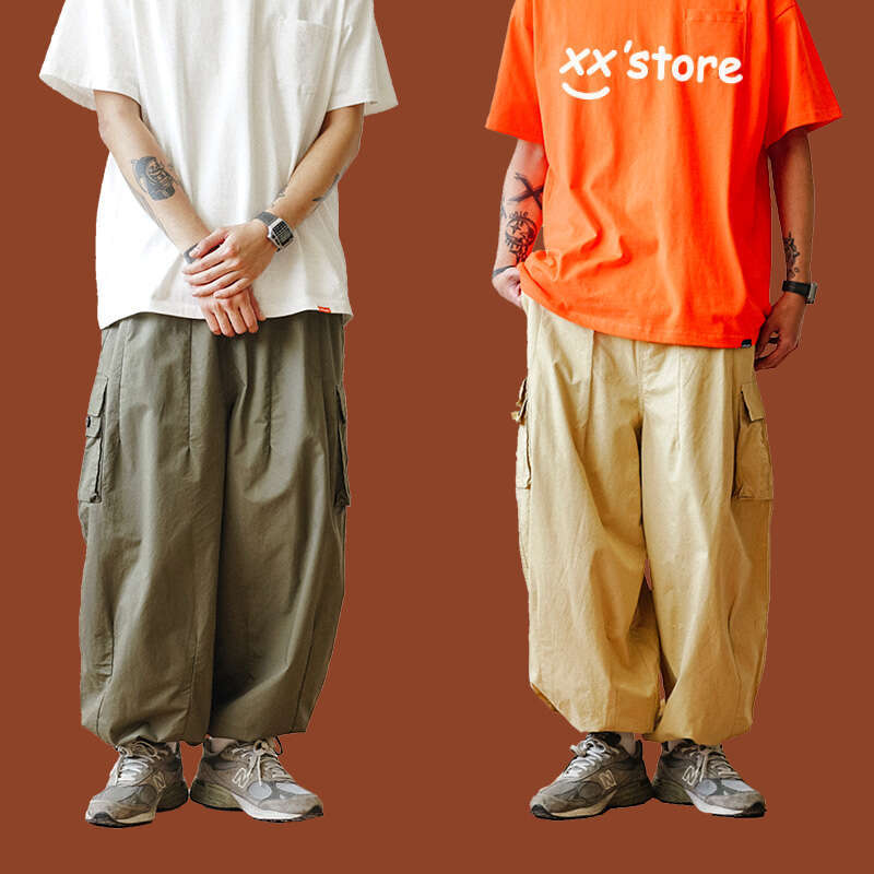 Multi-Pocket Cargo Men's Casual Solid Colour Straight Baggy Wide-Leg Cropped Men Ankle-Length Pants