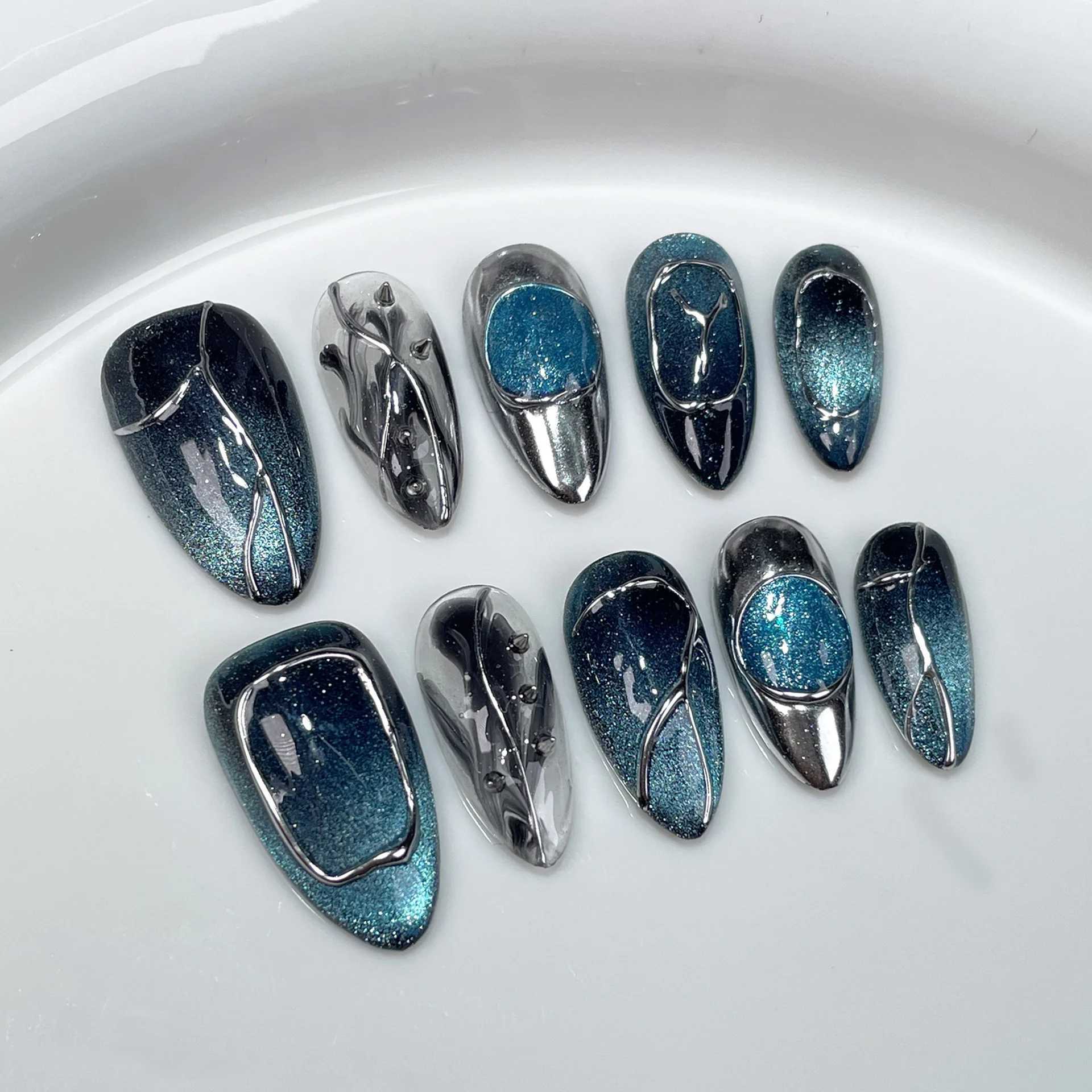 0 pieces of blue powder blusher halo embossed wave false nails Metal bow sweet hand almond pressed on nails W250410