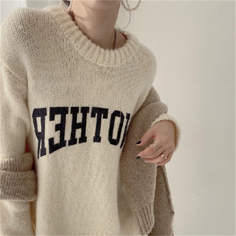 Korean Fashion Autumn and Winter Candy Color Sweater Pullovers for Women Loose Oversized Letter Knitted O Neck 241025