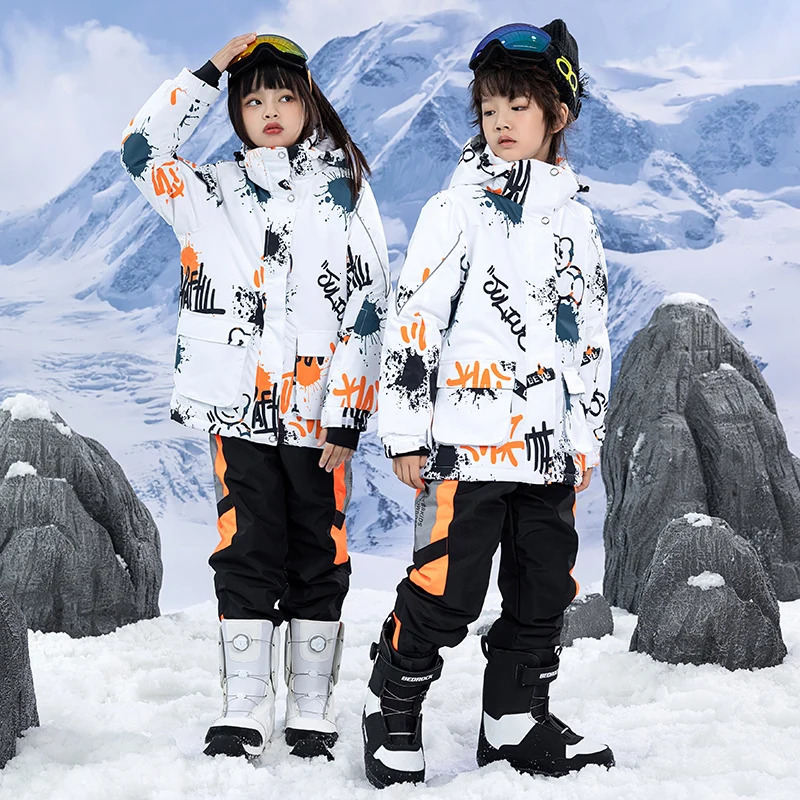Childrens Snow Suit Wear Outdoor Waterproof Windproof Warm Costume Winter Snowboarding Ski Jacket Strap Pant Boys and Girls 241025