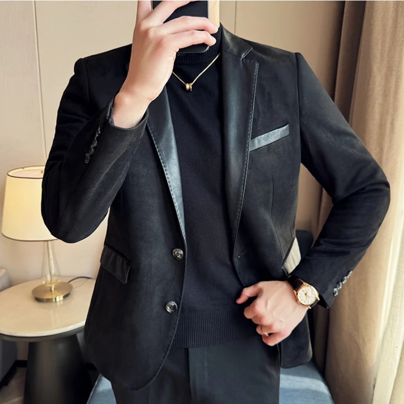 Mens Suede Set Jacket Korean Fashion PU Splicing Casual Business Jacket Masculino Office Social Dress Jacket Mens Wear 241024 - view 3