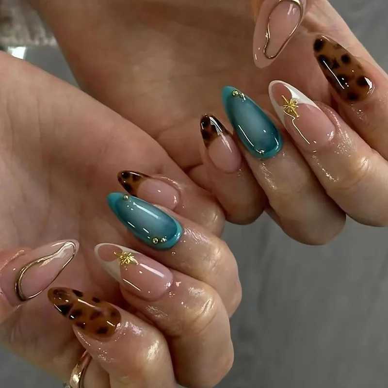 24 leopard print printing machines brown French fake nail patches 3D gold powder design Korean wearable fake nail patches W250410