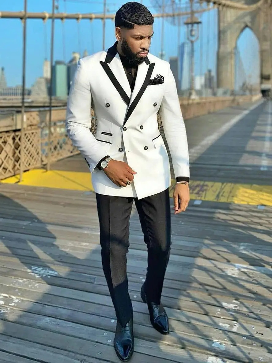 Tailored White Double Breasted Men Suits Top Lapel Tuxedo Slim Fit Male Costume Pour Homme Groom Two Pieces Prom Sets 241025