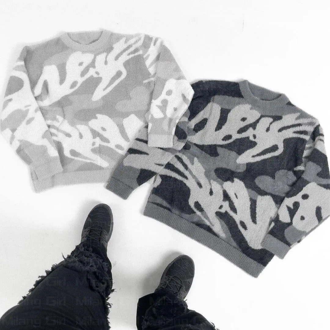 Mens Hip Hop Knitwear Womens Sweaters Harajuku Fashion Textured Mohair Loose Tops Casual Cotton Streetwear Pullover 241018