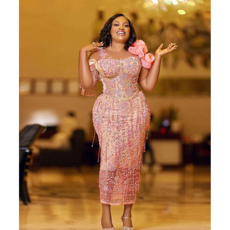 Size Arabic Plus Aso Ebi Pink Urious Sheath Prom Dresses Lace Beaded Evening Formal Party Second Reception Birthday Engagement Gowns Dress ZJ