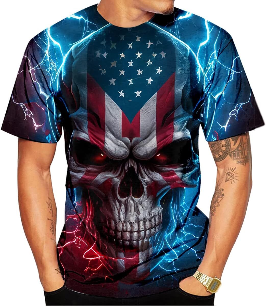 Mens T shirt Men's Lightning Skull T-Shirt Patriotic Theme Tee American Flag Graphic Top tee Casual tops summer clothes cool
