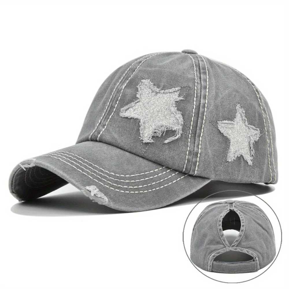 Solid color washed sand baseball cap mens ponytail hat sparkling star fashion sun hat outdoor cycling travel Hikin dad hat X2410261