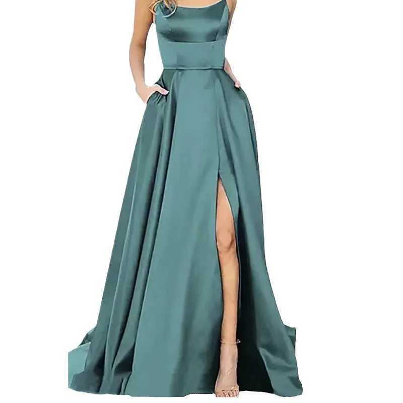 Womens Banquet Slit Long Dress 2024 New Bridesmaid Dress With Small Tail Suspender Solid Color Banquet Evening Dress Long DressX241025