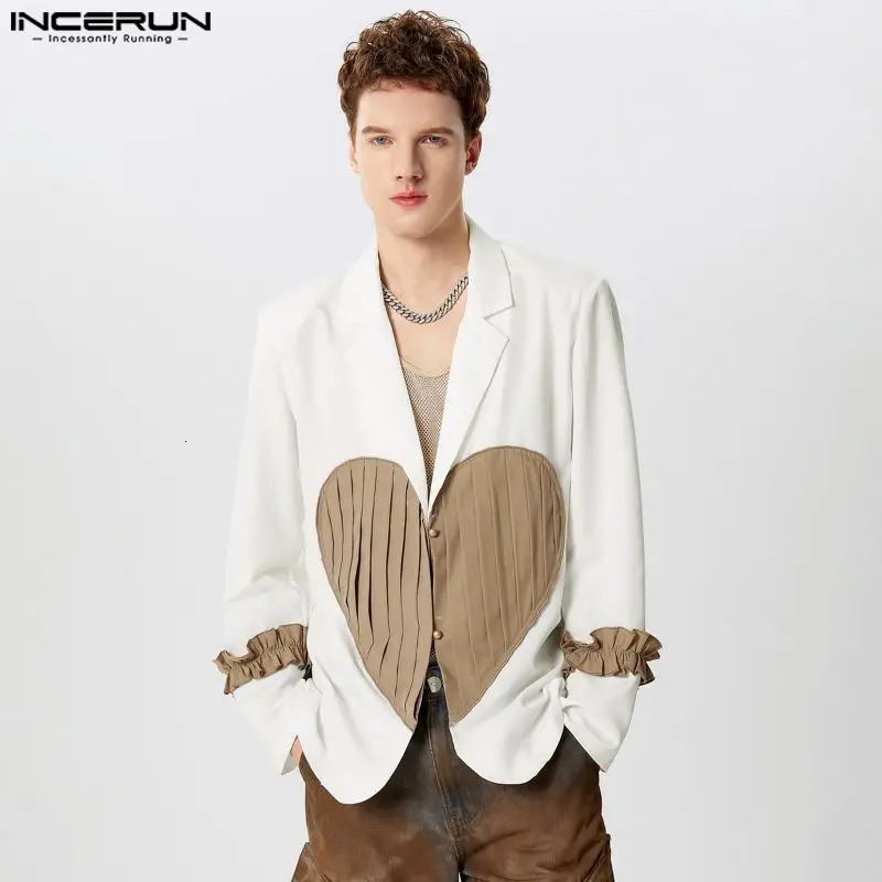 INCERUN Tops American style mens heart-shaped patchwork pattern sports jacket casual club wear mens long sleeved set Coats S-5XL 241024