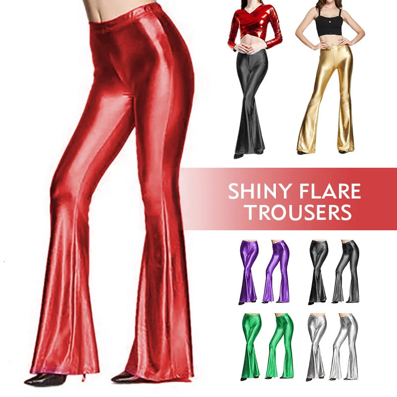 Womens shiny Flare Trouser metal pleated wide leg pants retro 70s disco hippie club clothing Bell bottom Trouser leggings 241025