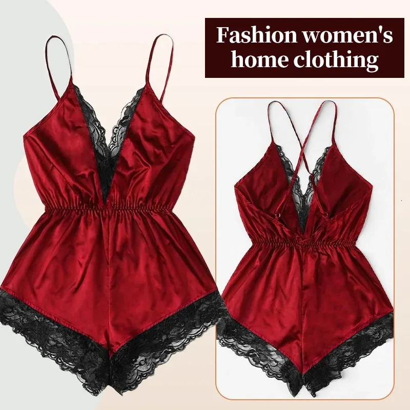2025 New designer s sexy and fashionable lace patchwork fashion decoration one piece clothing backless bow shorts V neck jumpsuit women s sleepwear se